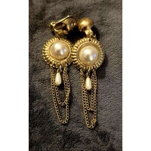 Vintage Gold Tone and Faux Pearl Dangle Chain Clip On Earrings